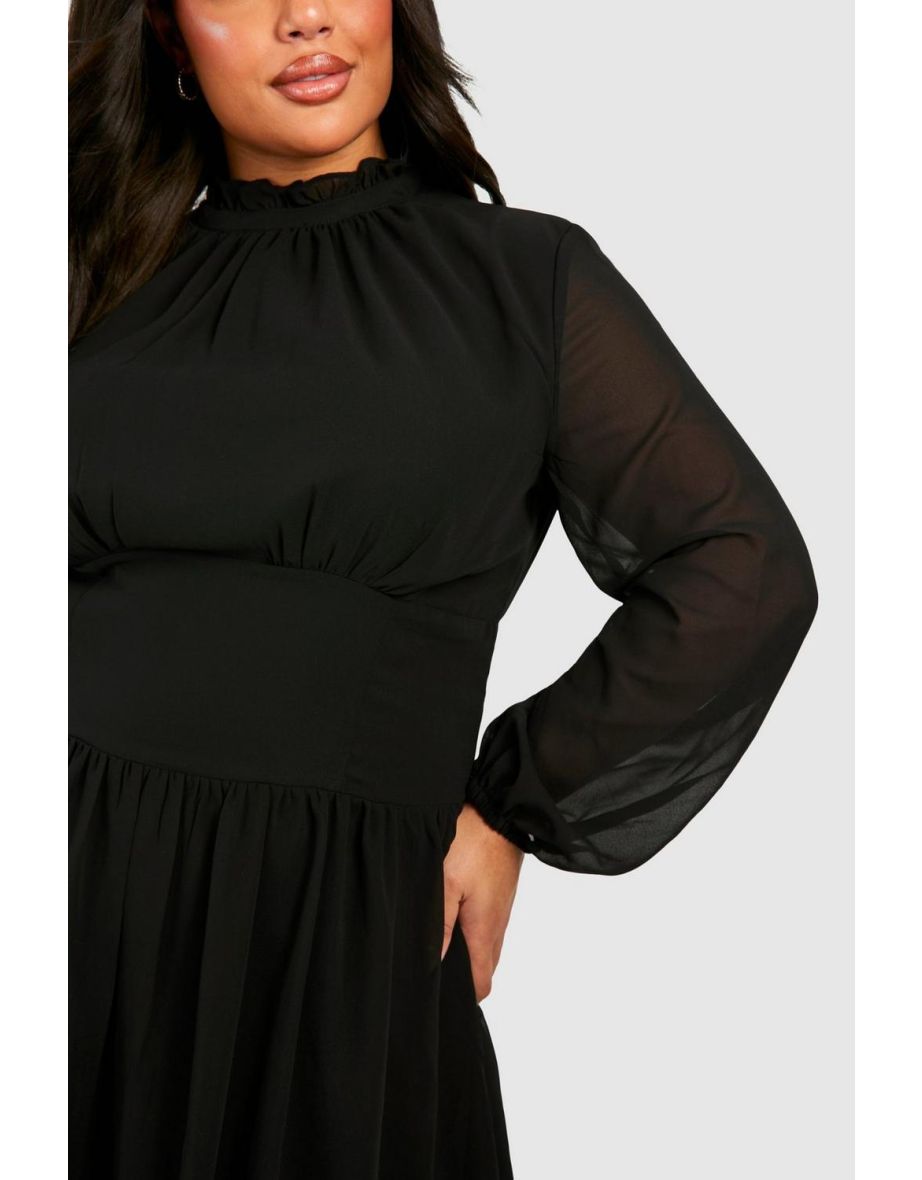 Plus Chiffon Blouson Sleeve Skater Dress - black - 3
