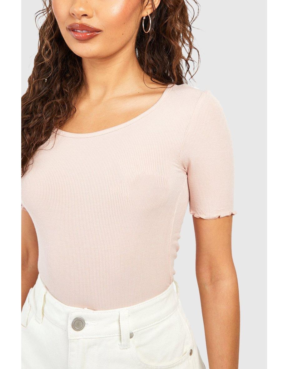 Ribbed Lettuce Edge Short Sleeve T-shirt - blush - 3