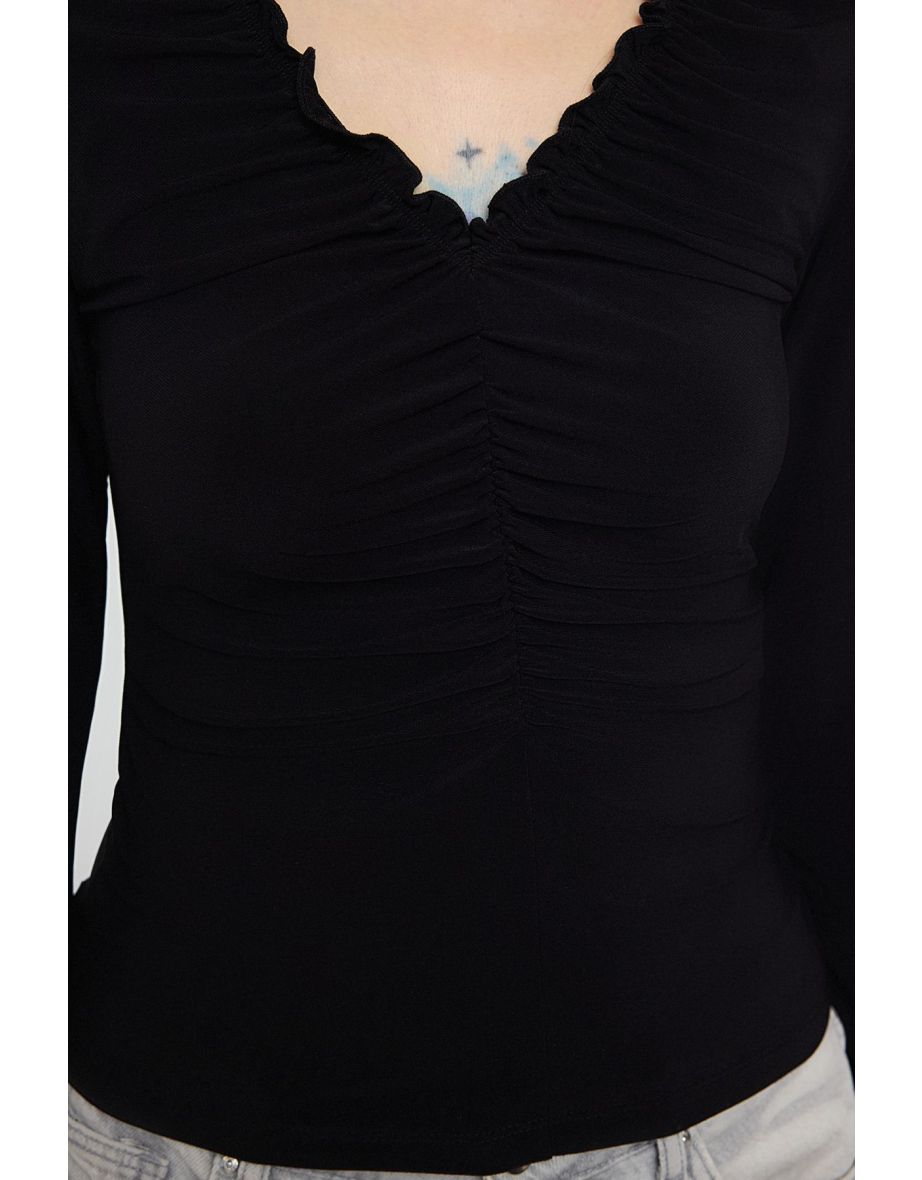 Black Drawstring/Drape Detail V-Neck Body-Fitting Stretchy Knitted Blouse - 6