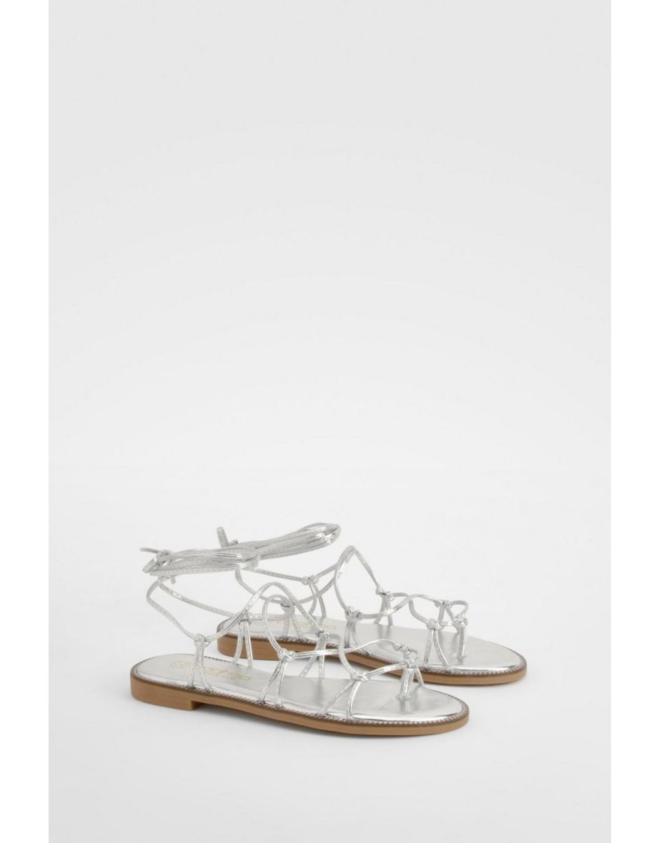 Wide Fit Gladiator Wrap Up Sandals - silver