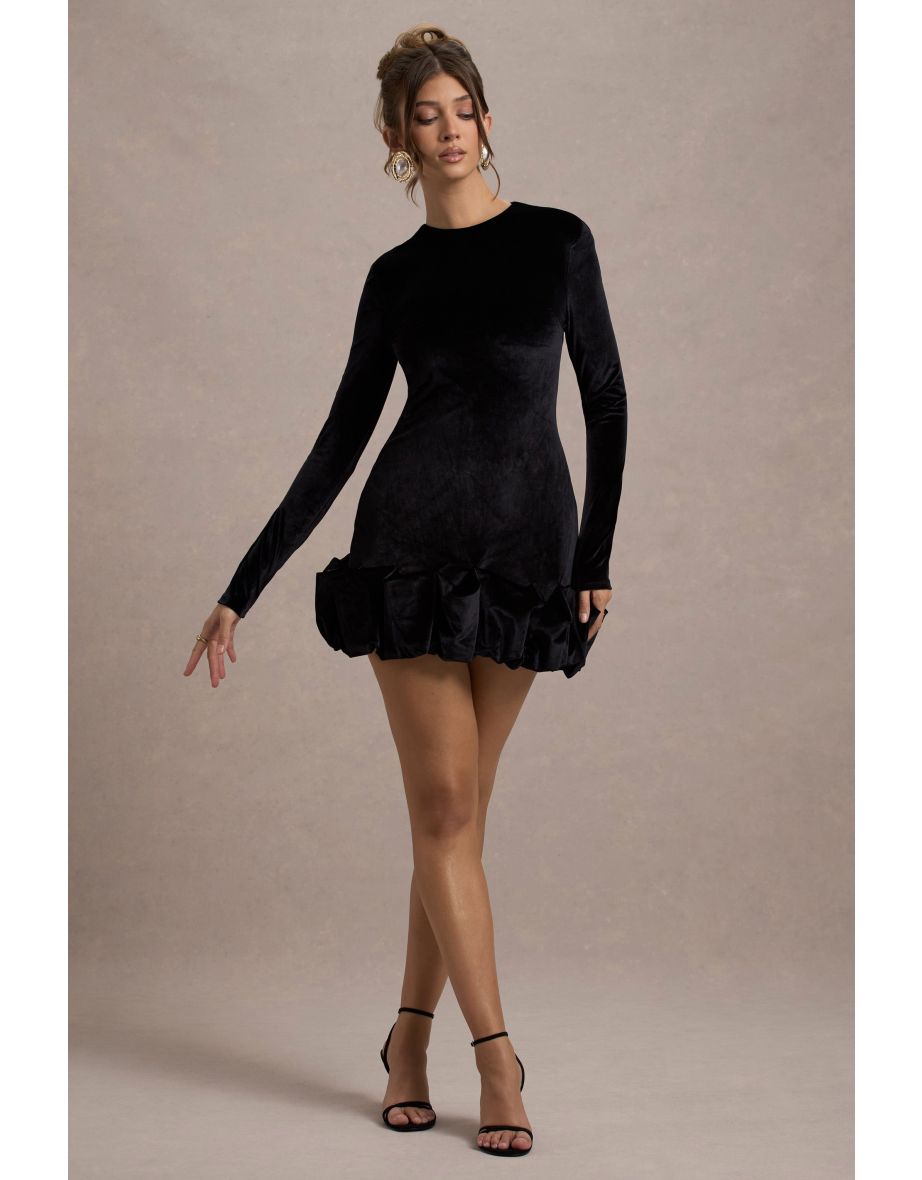 Claudine | Black Velvet High-Neck Long-Sleeved Ruffled Mini Dress