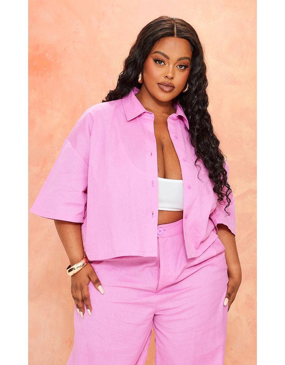 Plus Pink Linen Look Oversized Crop Shirt
