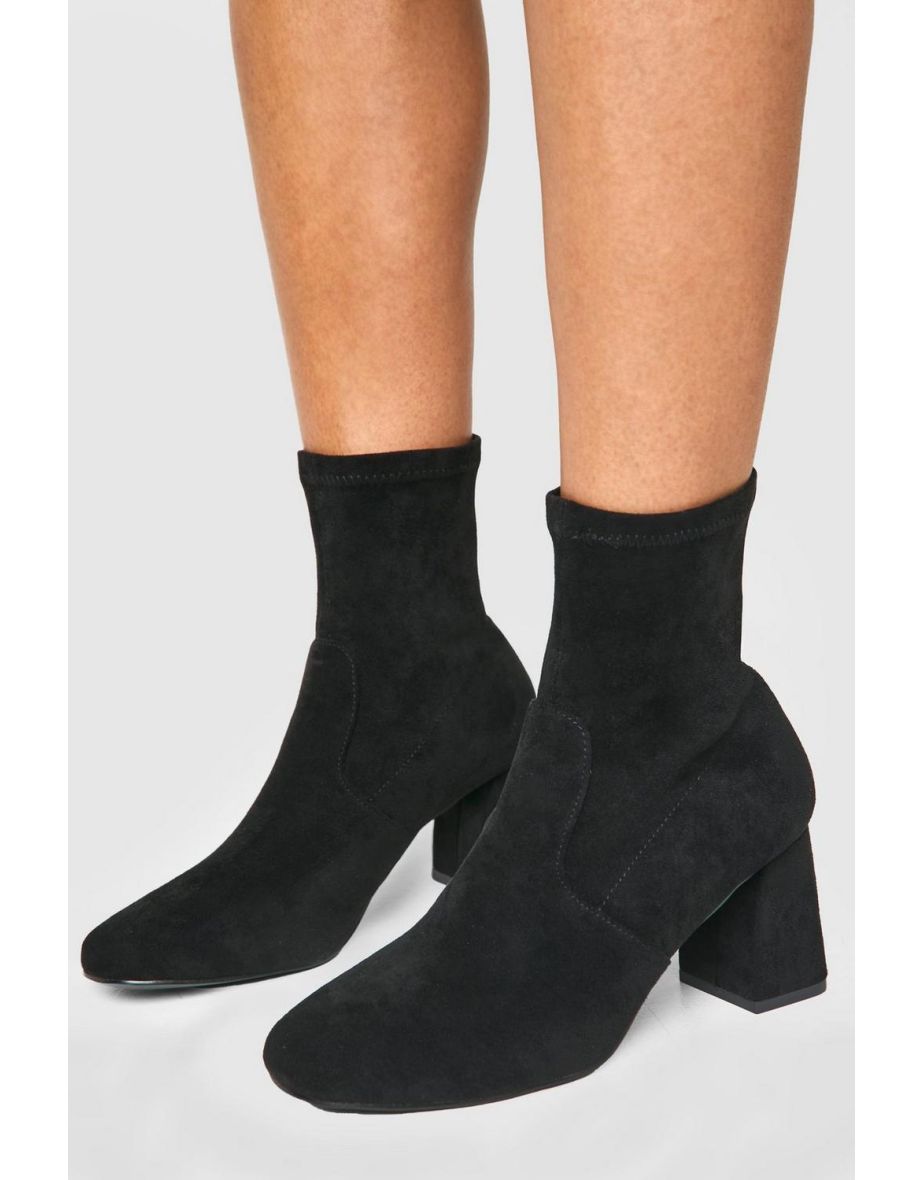Wide Fit Faux Suede Square Toe Block Heeled Boots - black