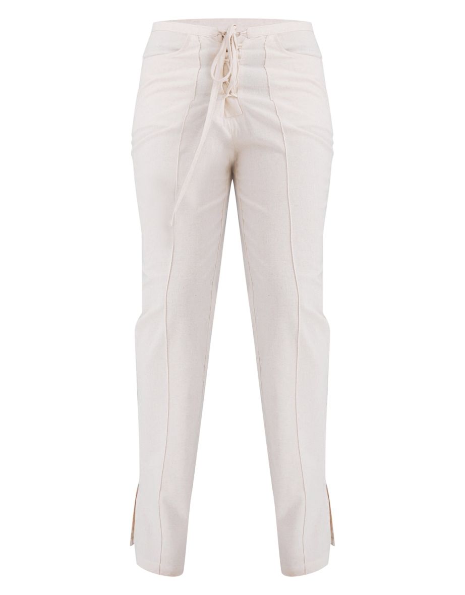 Stone Linen Lace Up Front Tailored Pintuck Flared Trousers - 3