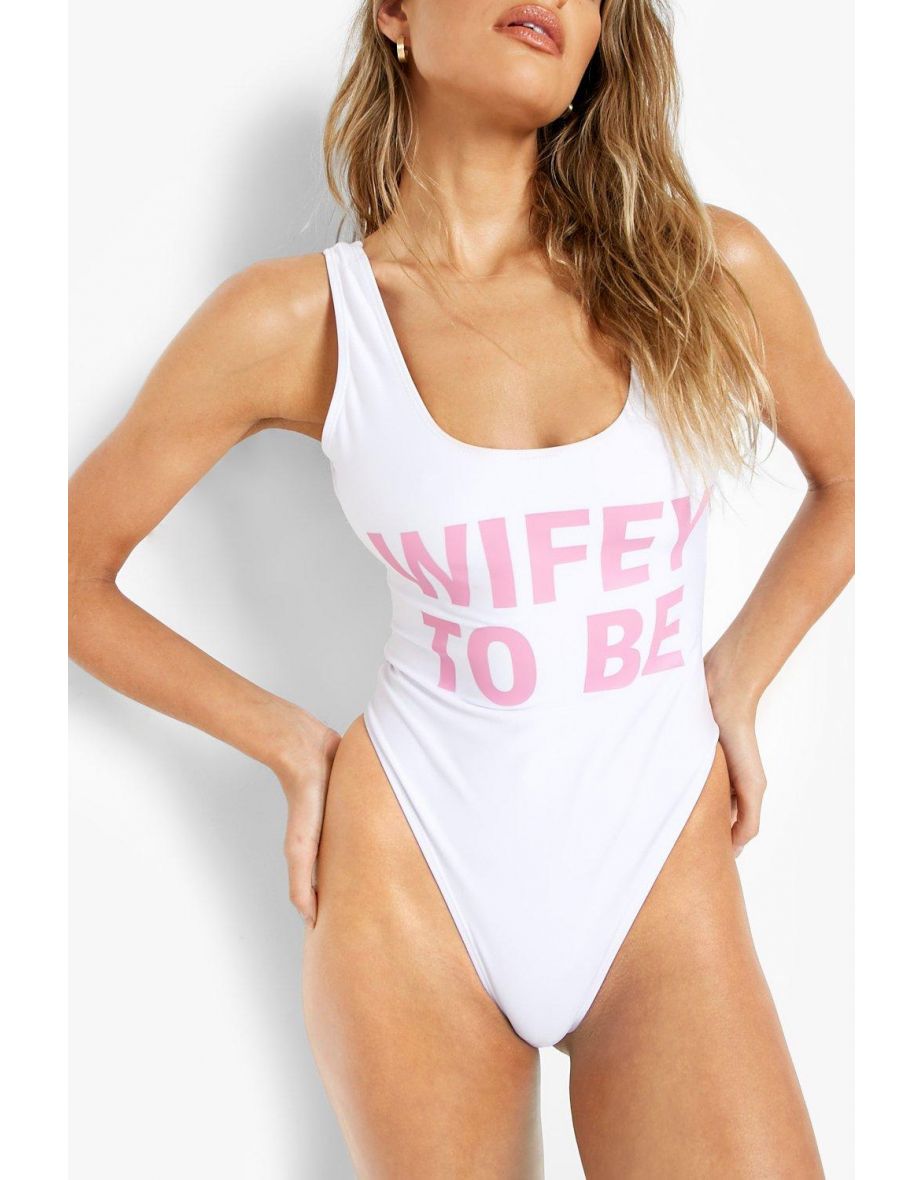 Wifey To Be Bridal Slogan Swimsuit - white - 3