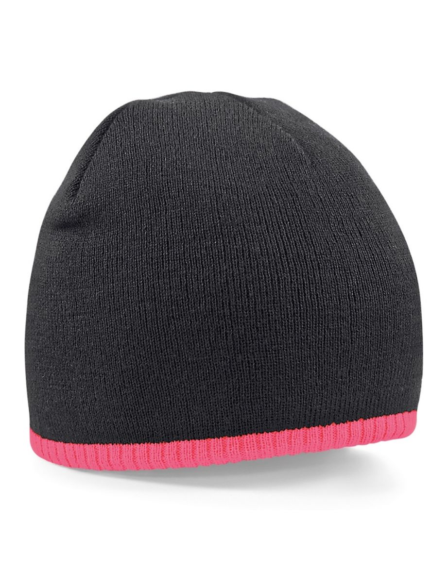 Beechfield Plain Basic Knitted Winter Beanie Hat - Black/Fluorescent Pink