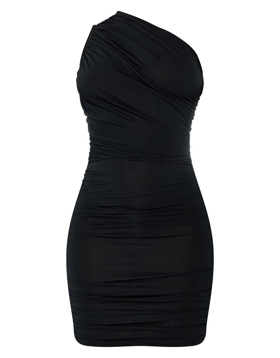 Black Slinky Ruched One Shoulder Bodycon Dress - 4