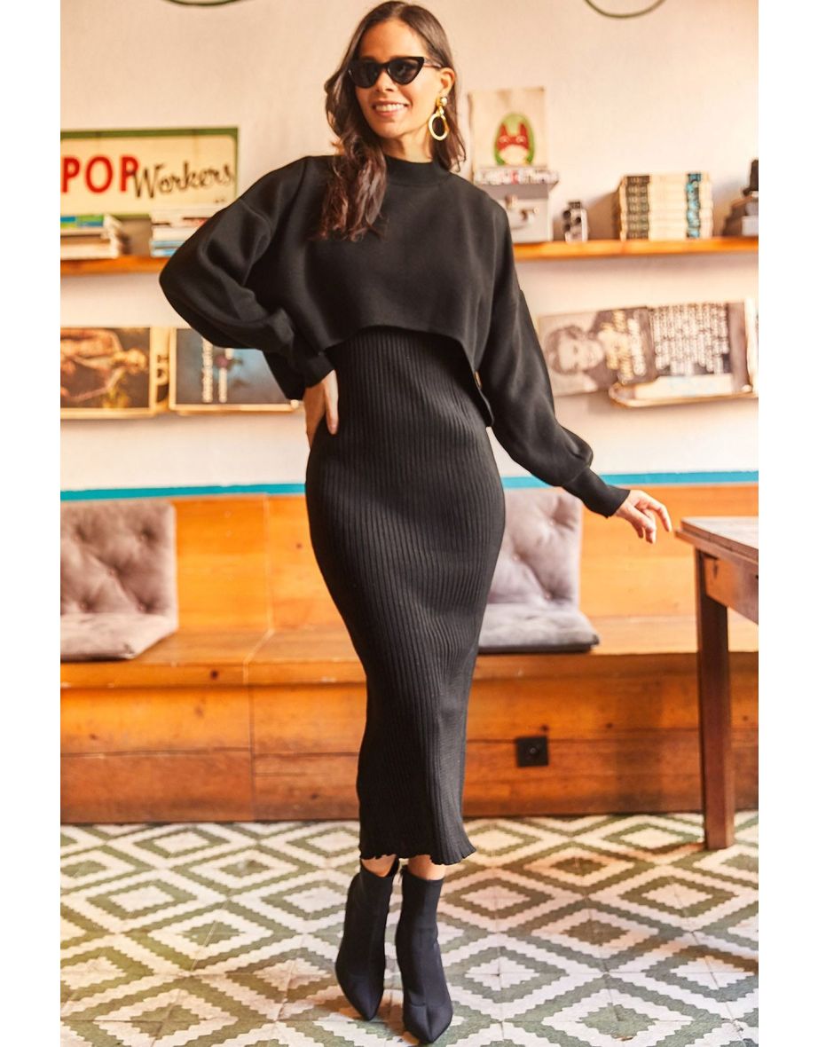 Women's Black Top Crop Sweater Bottom Strap Dress Knitwear Suit