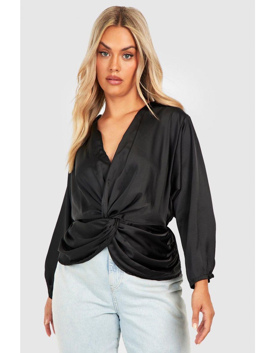 Plus Twist Front Satin Blouse - black - 3