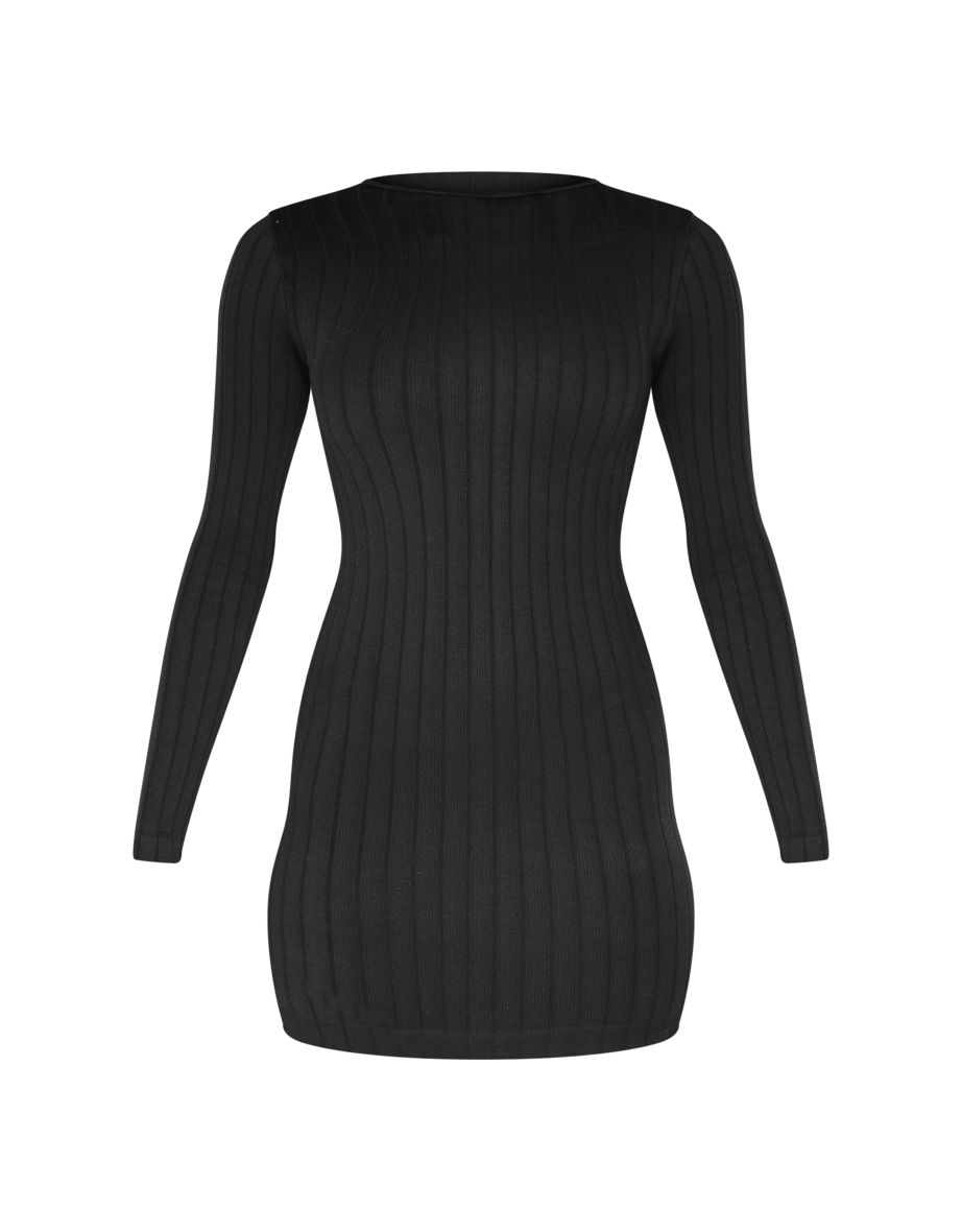 Black Structured Contour Rib Long Sleeve Bodycon Dress - 4