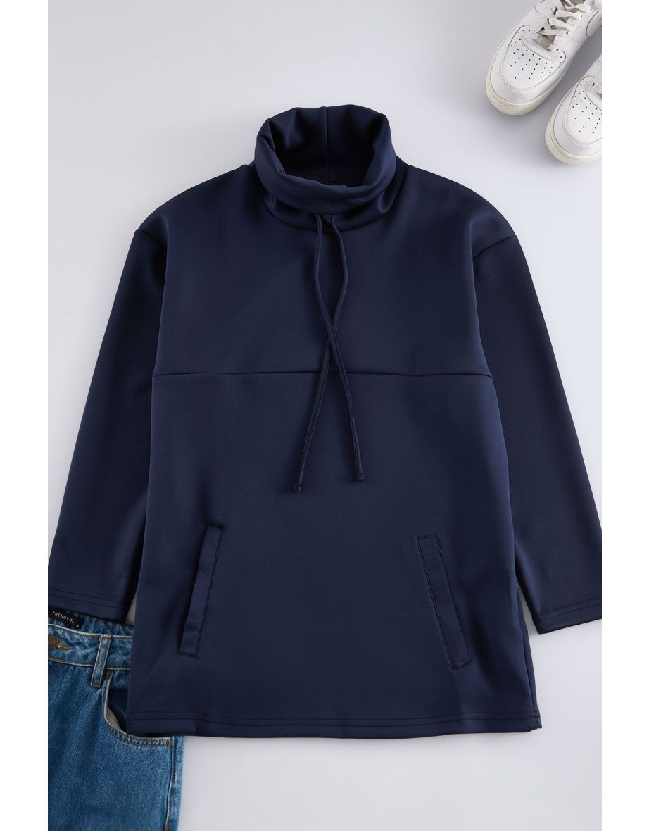 Navy Blue Turtleneck Knitted Scuba Sweatshirt