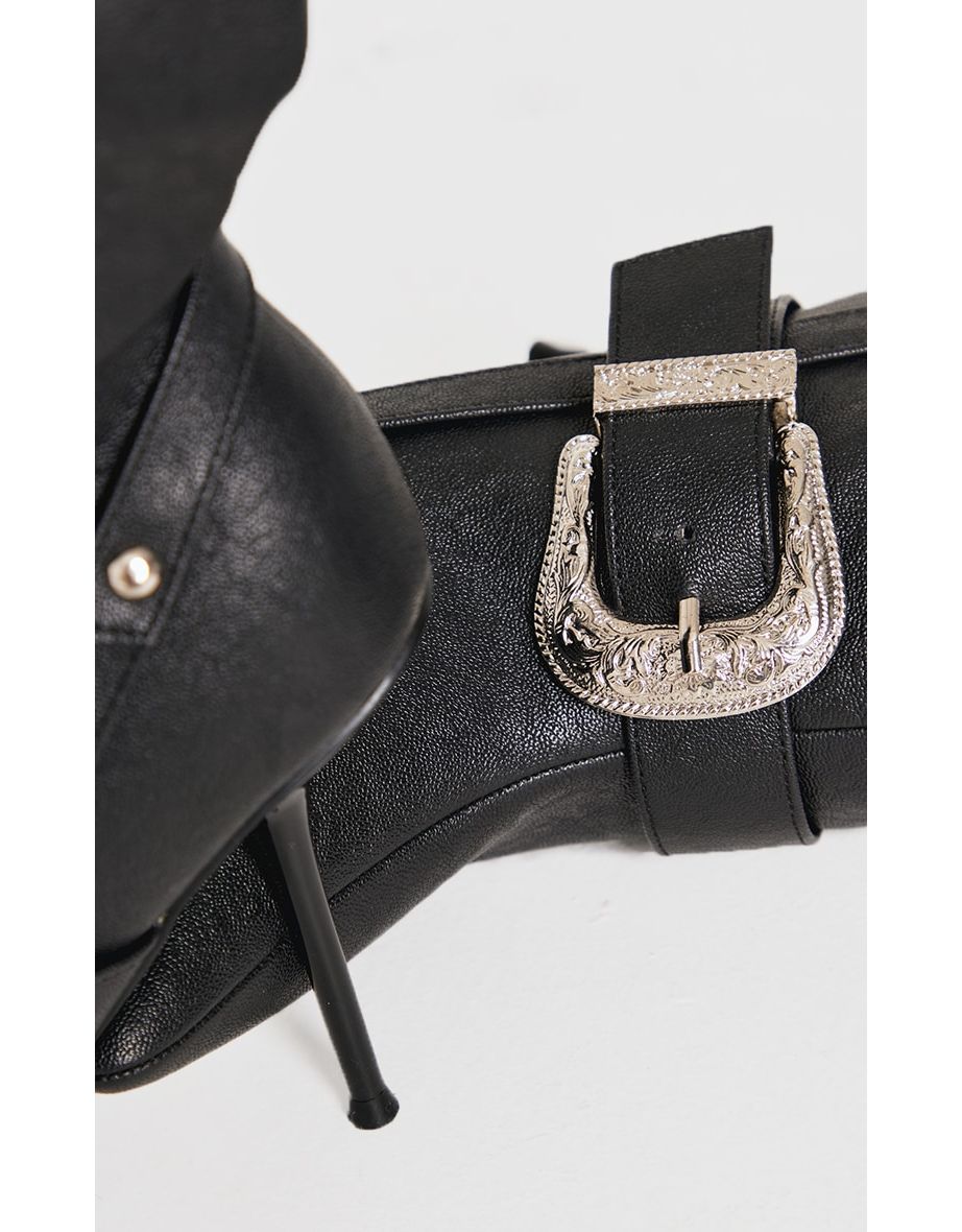 Black Pu Point Toe Buckle Knee High Stiletto Heeled Boots - 3
