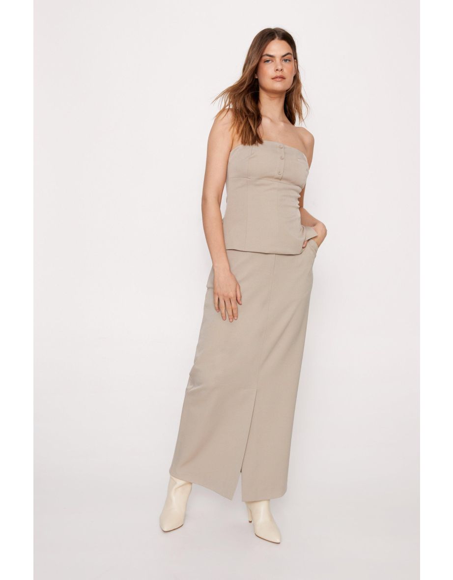 Beige Column Maxi Skirt with Slit