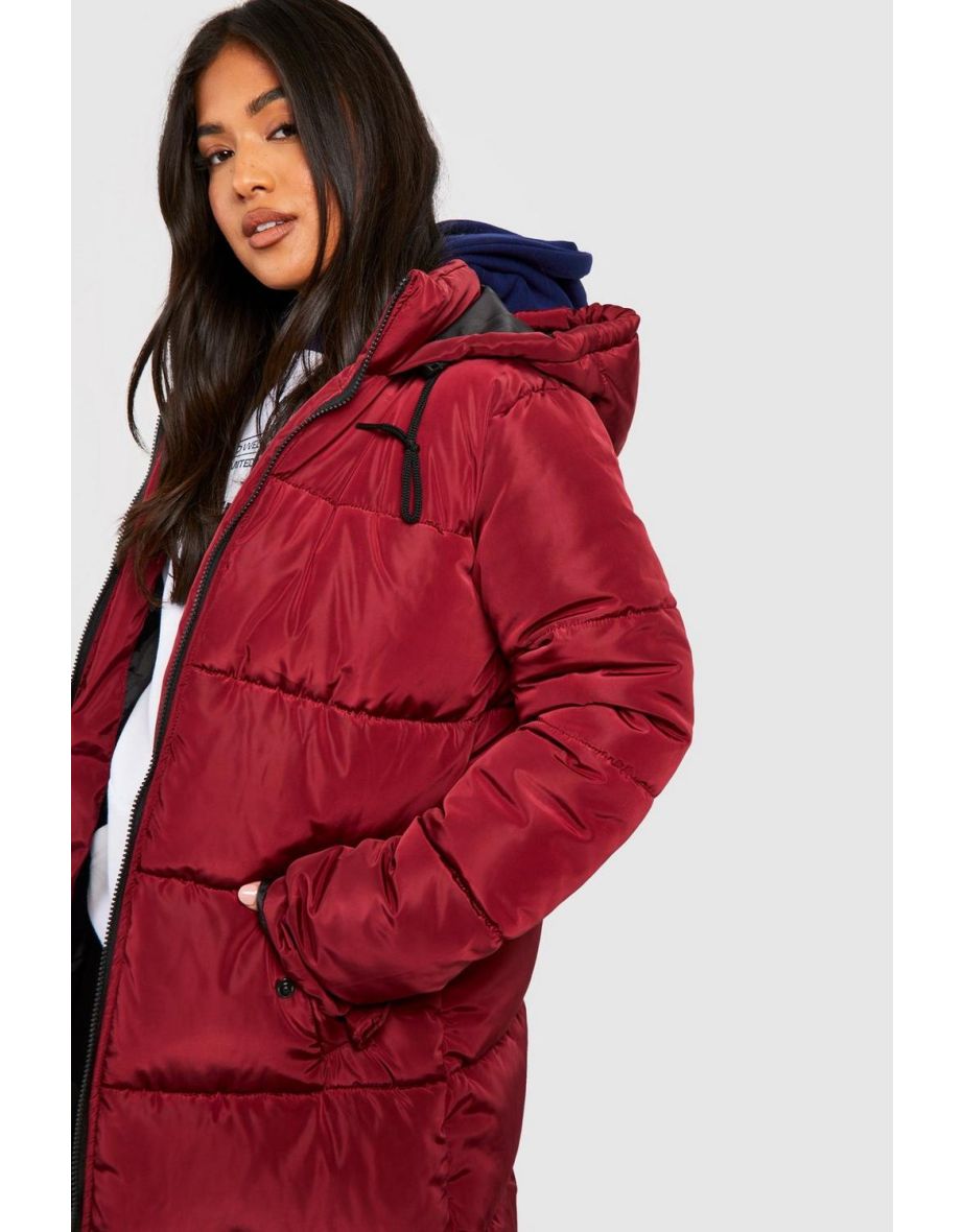 Petite Longline Hooded Padded Puffer Jacket - wine - 3