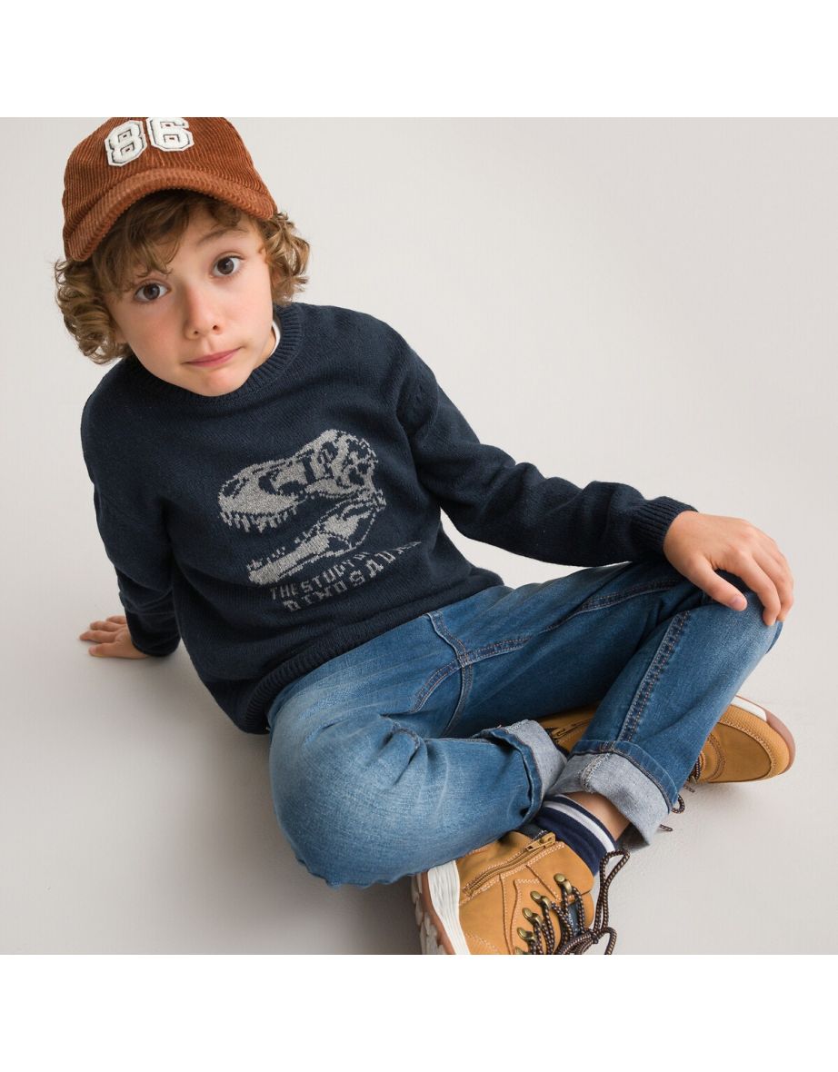 Fine Knit Dinosaur Jumper/Sweater in Cotton Mix with Crew Neck