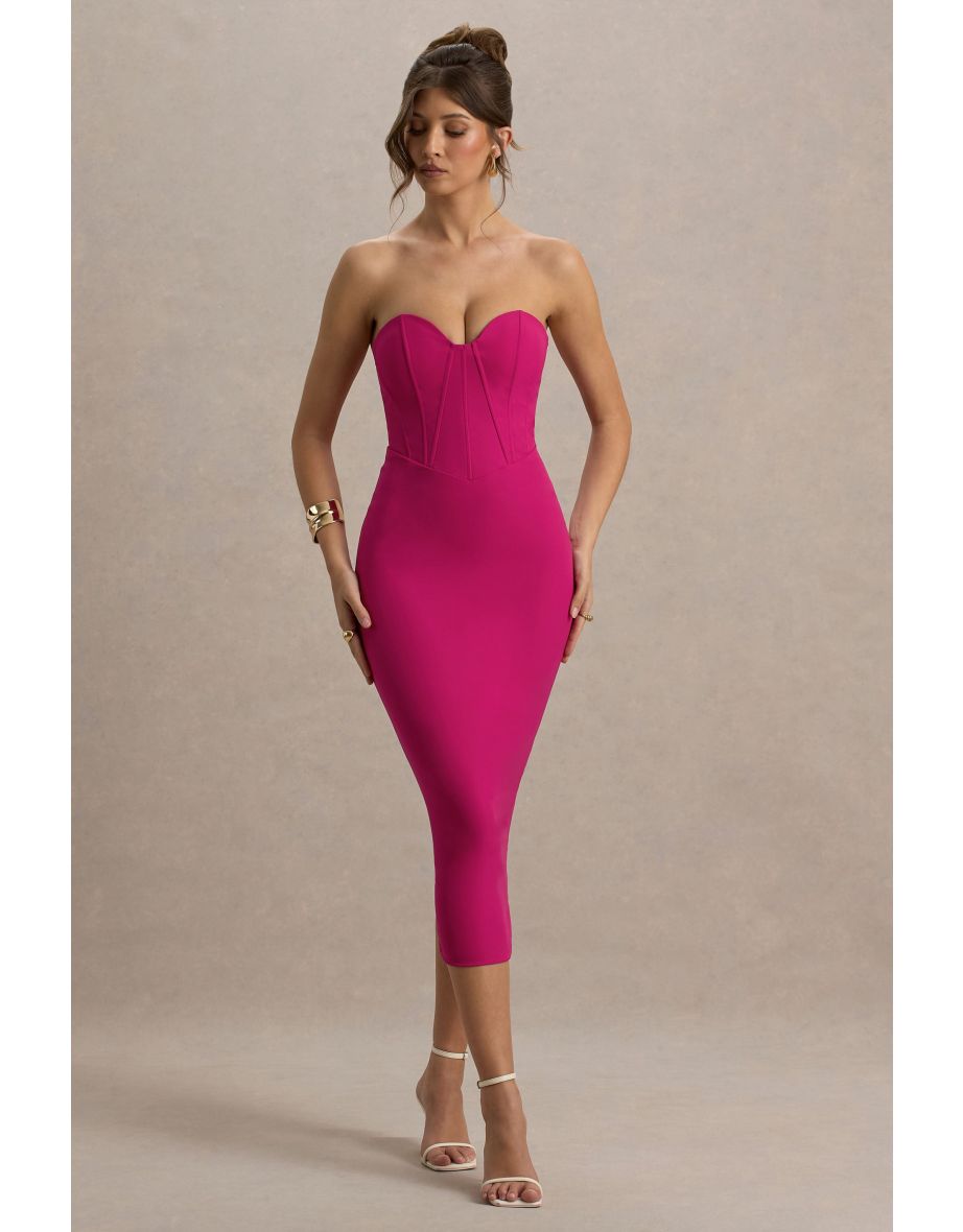 Nina | Dark Pink Structured Strapless Corset Midi Dress