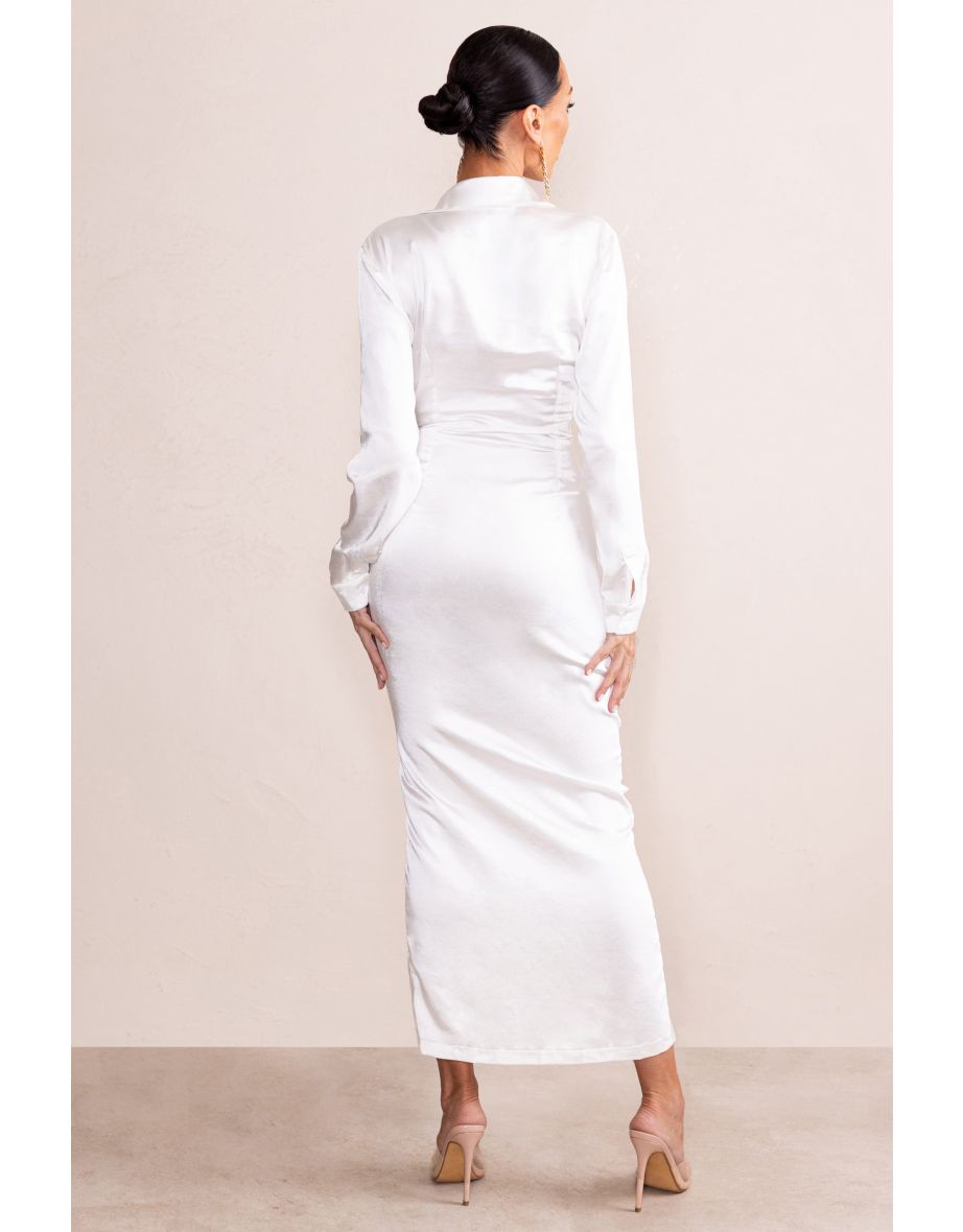 Oasis | Off White Satin Plunge Neck Long Sleeves Maxi Dress - 3