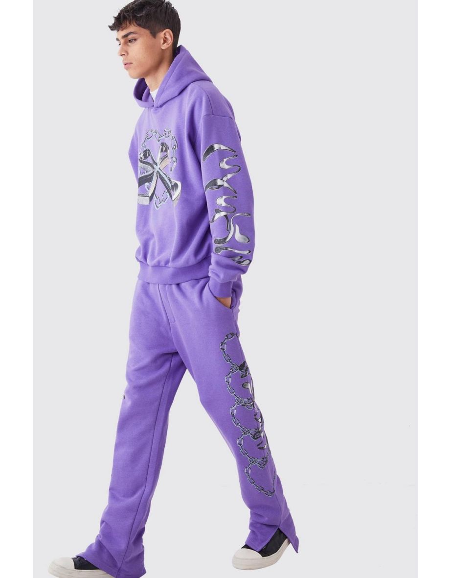 Oversized Boxy Chain Graphic Hooded Tracksuit - purple