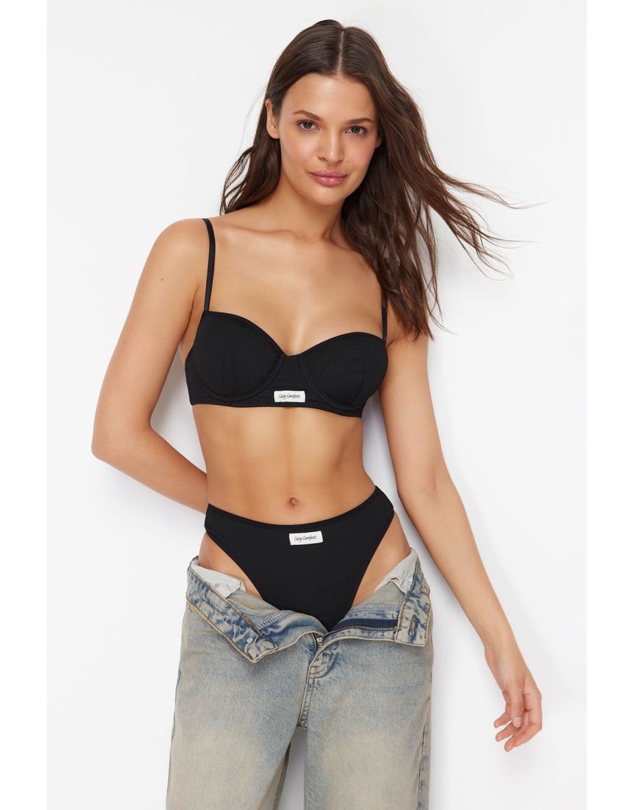 Black Ribbed Label Detailed Capless Knitted Underwear Set
