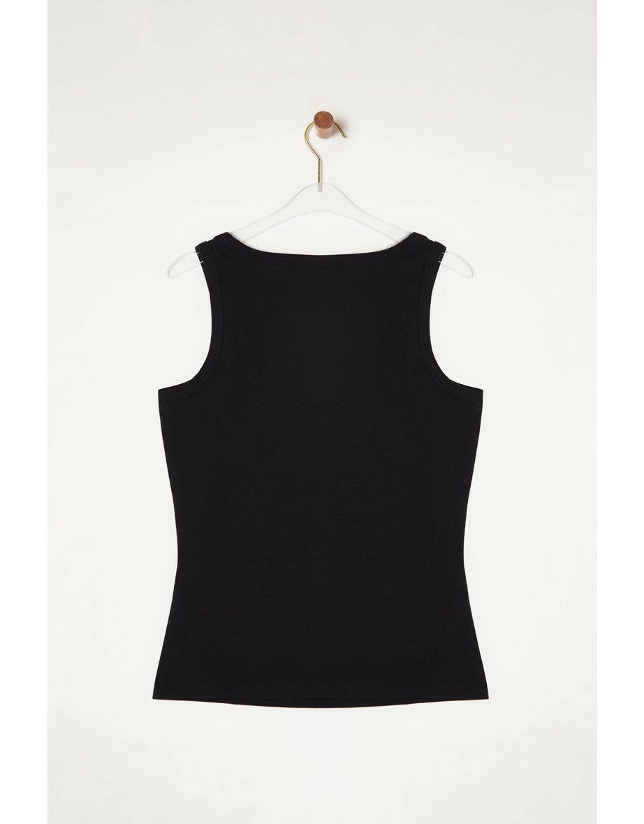 Black Square Neck Rib Large Size Knitted Tank Top - 7