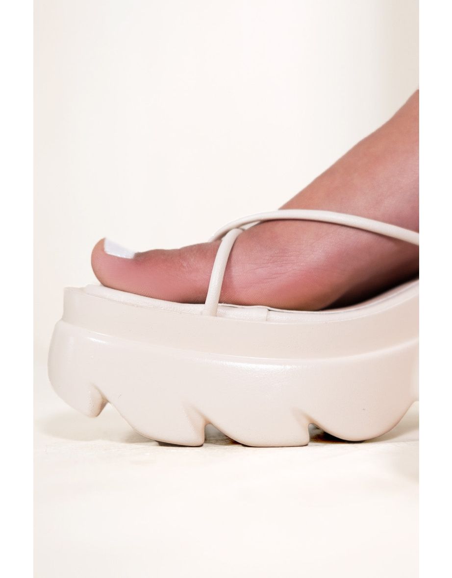CHUNKY STRAPPY SANDALS WITH TOE THONG & LACE UP DETAILS IN IVORY CREAM FAUX LEATHER - 1