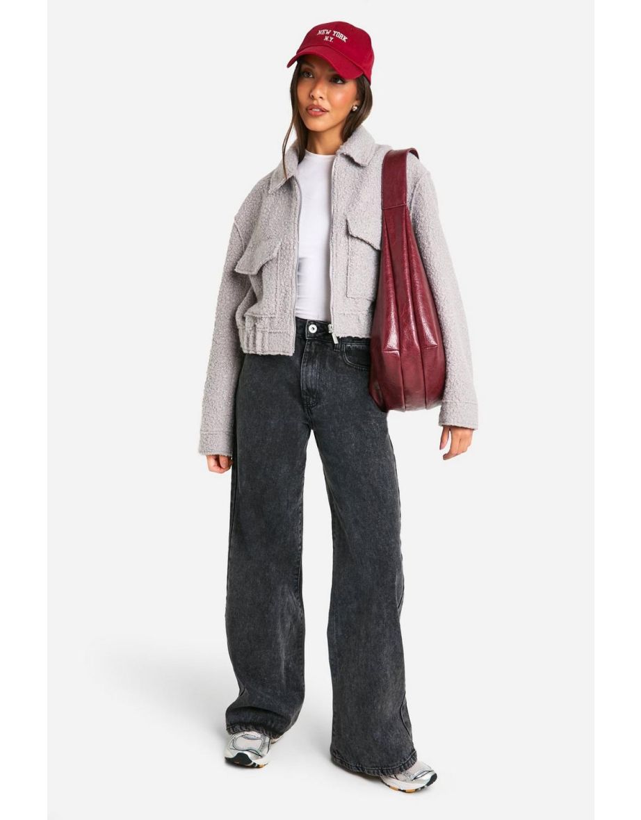 Collared Boucle Wool Look Jacket - grey
