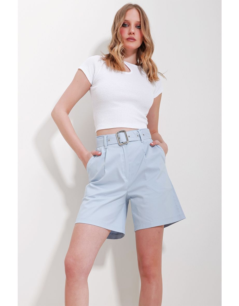 Women's Blue Double Pocket Waist Belted Gabardine Shorts
