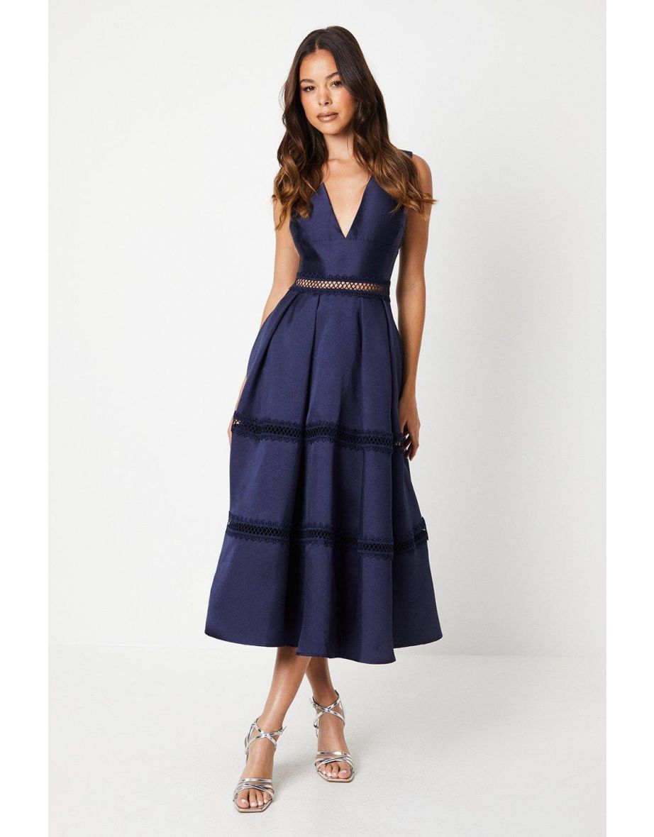 Plunge Neck Twill Midi Dress With Lace Trims