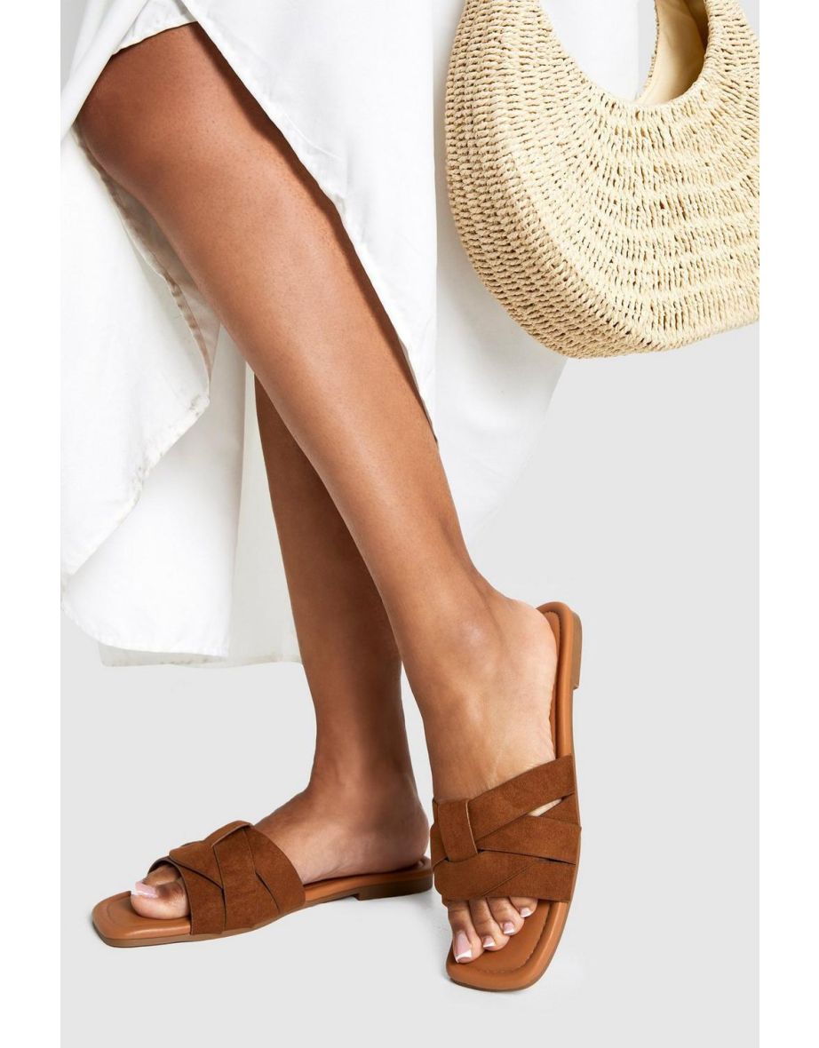 Wide Fit Faux Suede Woven Basic Mule Slider - tan