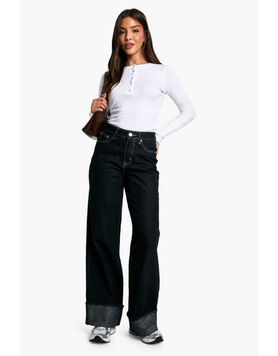 Popper Front Rib Long Sleeve Top - white