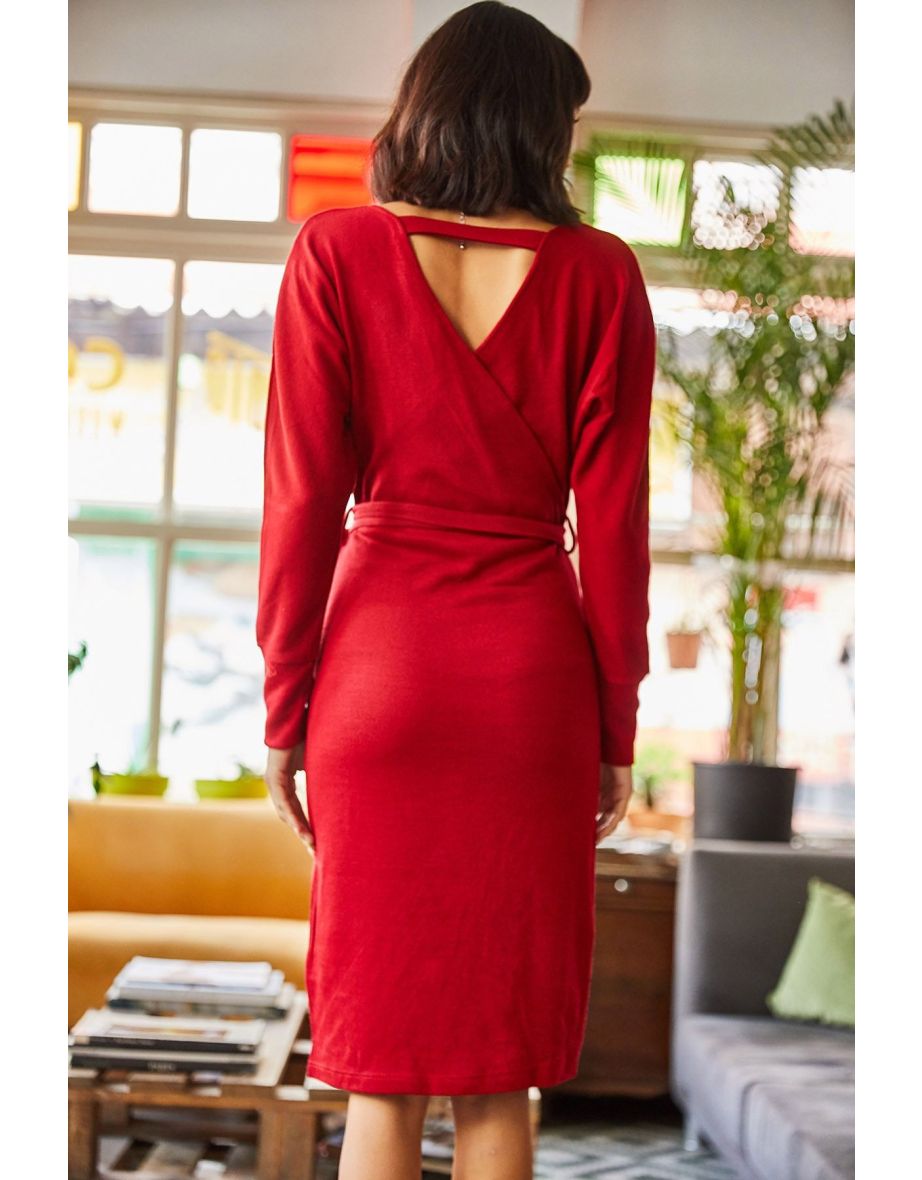 Women's Red Double Breasted Belted Knitwear Dress - 4