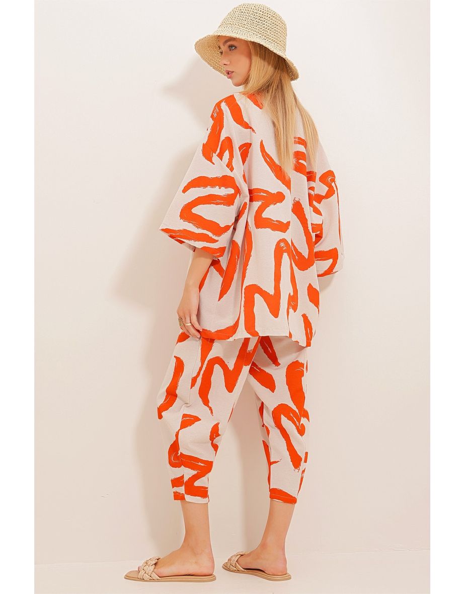 Women's Orange Patterned Baggy Pants And Kimono Set - 5