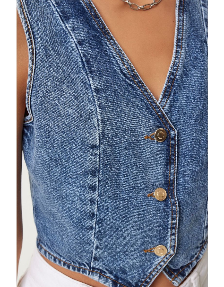 Women's Dark Blue V-Neck Crop Denim Vest - 5