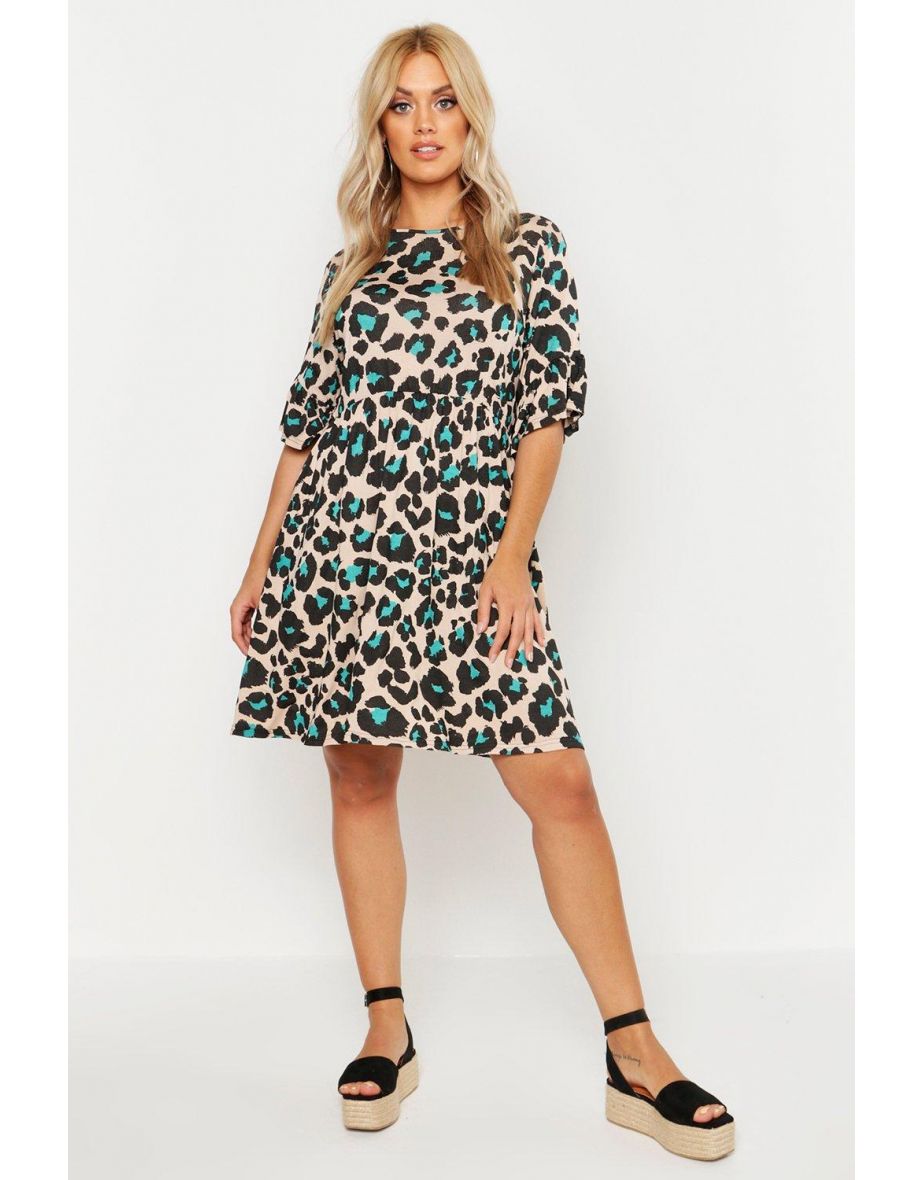 Plus Leopard Print Smock Dress - cream - 3