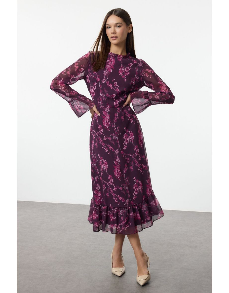 Plum Floral Patterned A-Line Stand Collar Midi Lined Chiffon Woven Winter Dress