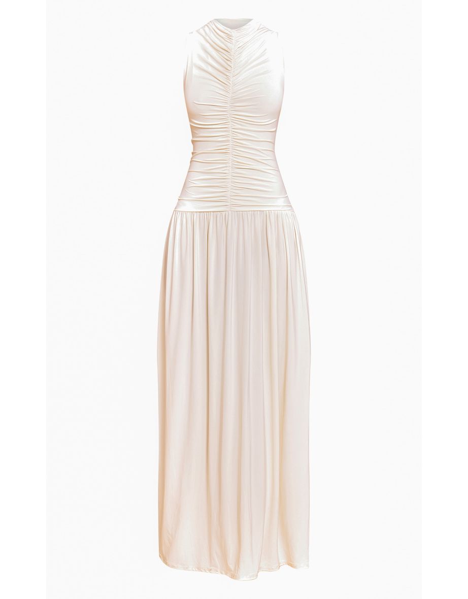 Cream Double Layer Soft Touch Drop Waist Ruched Maxi Dress - 4