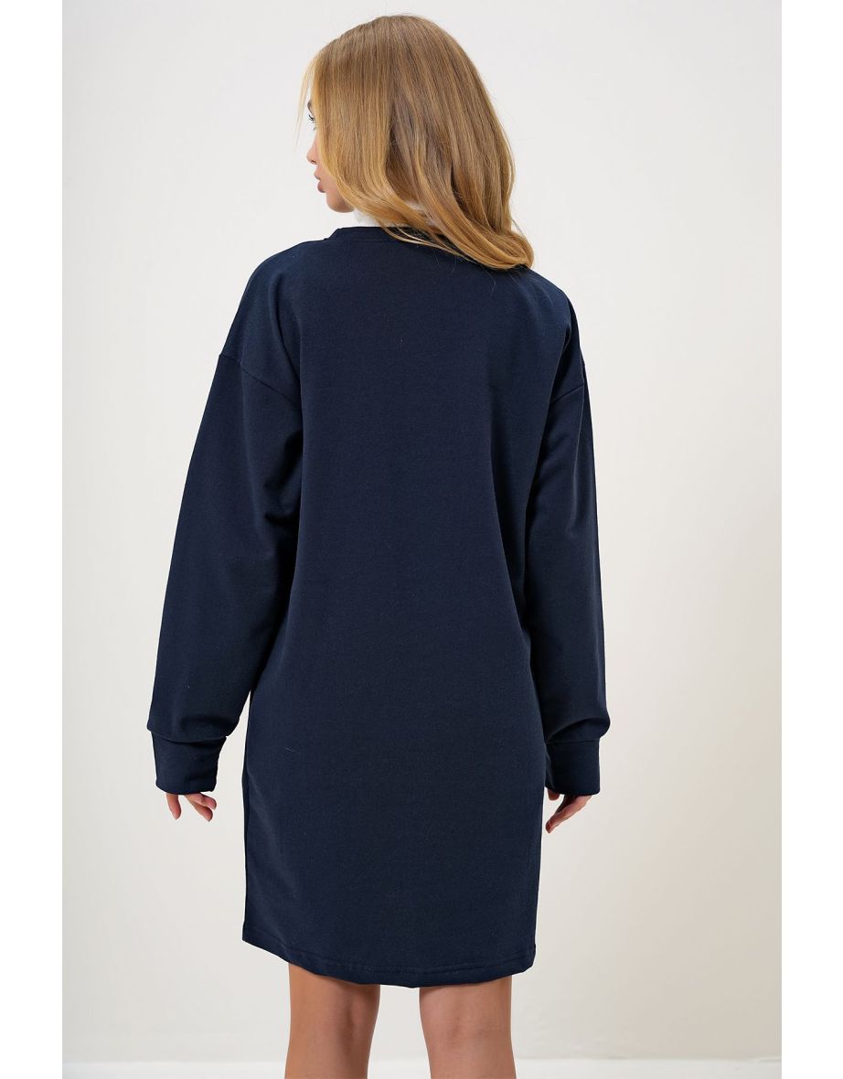 Women's Navy Blue Crew Neck Sweatshirt Dress - 5