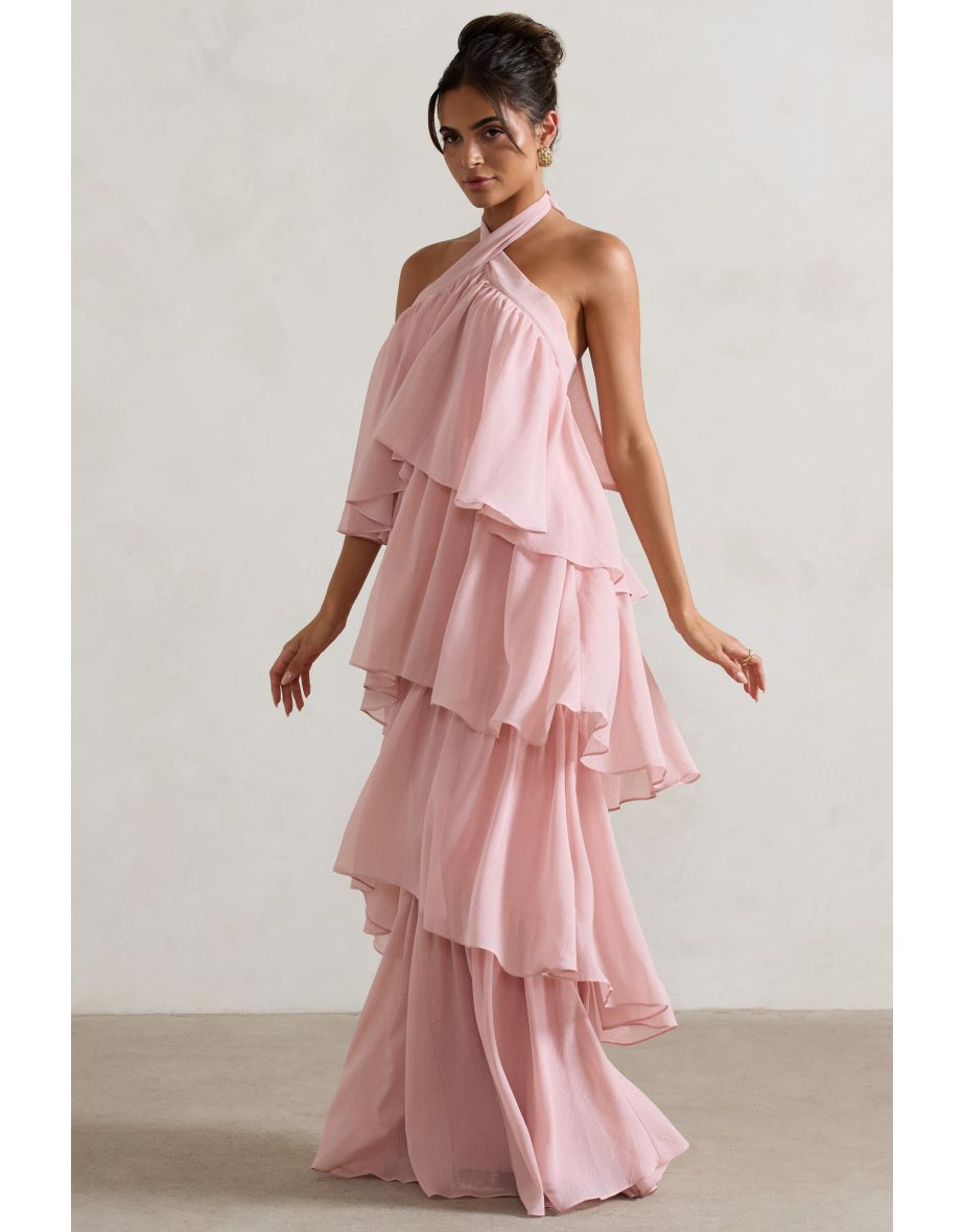 Kassiah | Light Pink Halter-Neck Ruffle Floor Dress - 4