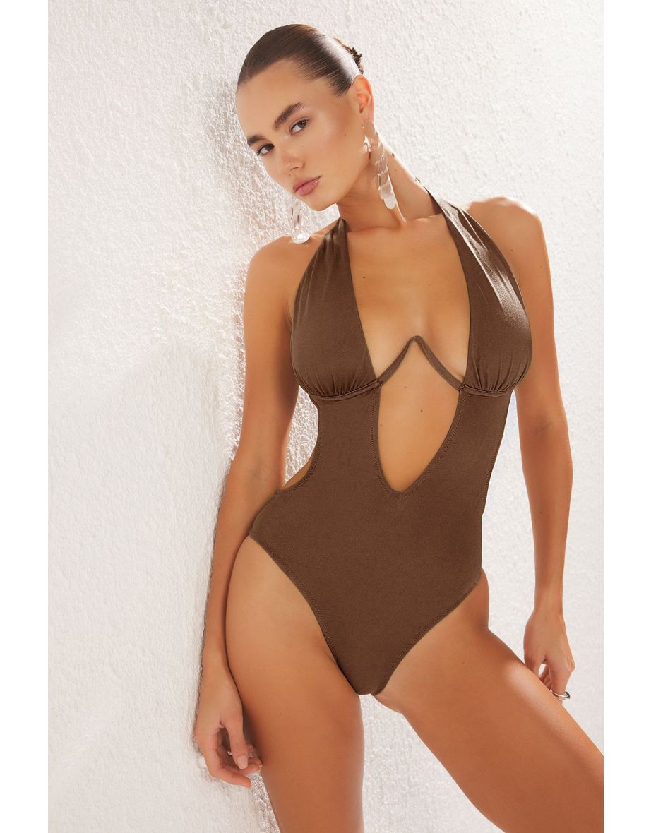 Brown Balconette Inverted V Underwire High Leg Brazilian Swimsuit