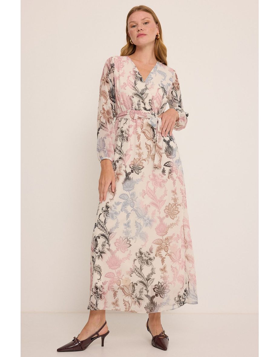 Women  Dusty Rose Black Floral Patterned Chiffon Dress - 4