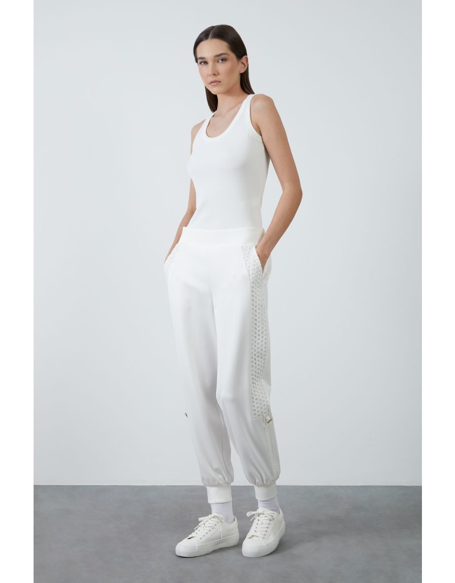 Side Mesh Detail Banded Bottom Ecru Jogger