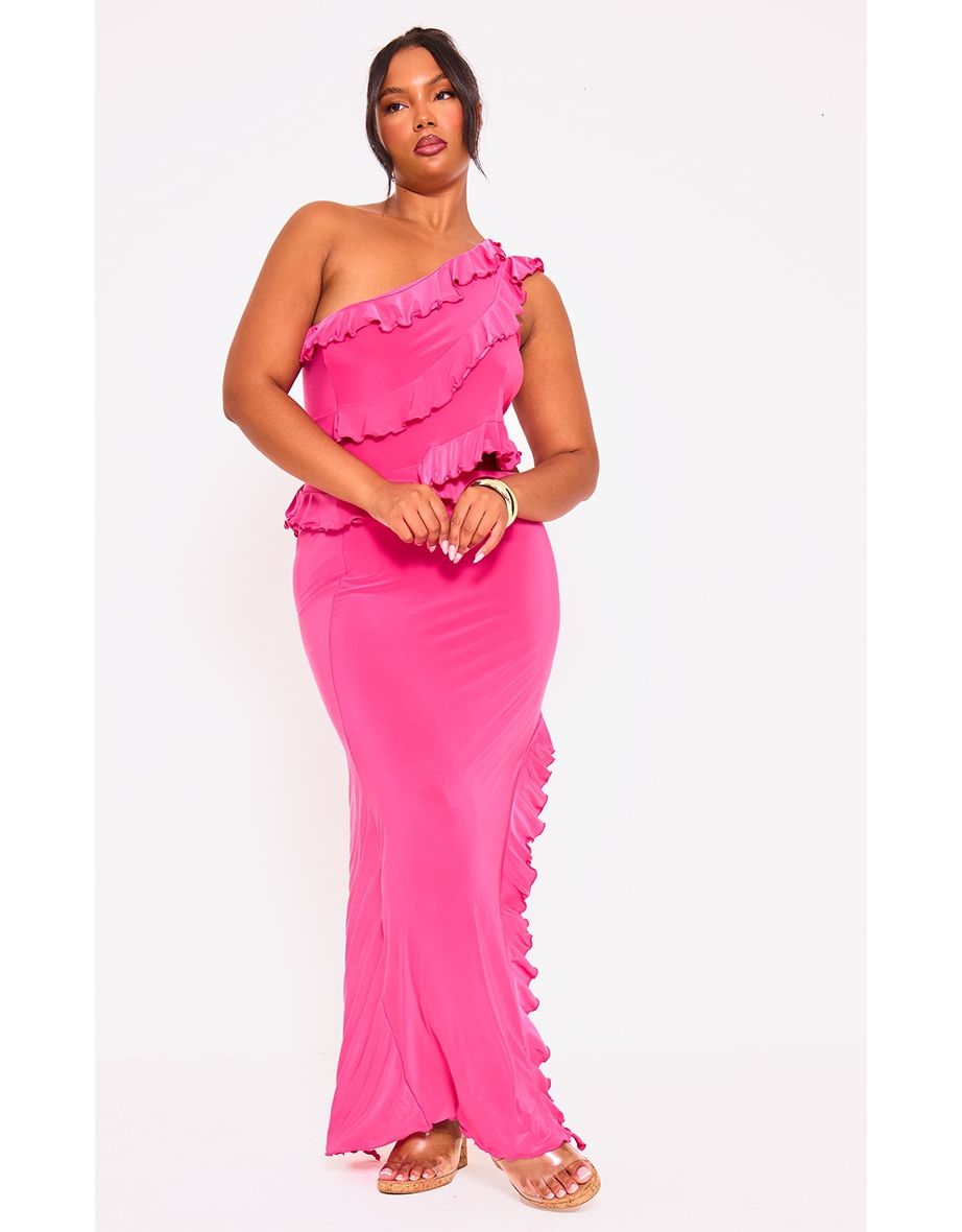 Shop Plus Hot Pink Ruffle Detail Slinky Maxi Dress Online in Bahrain VogaCloset