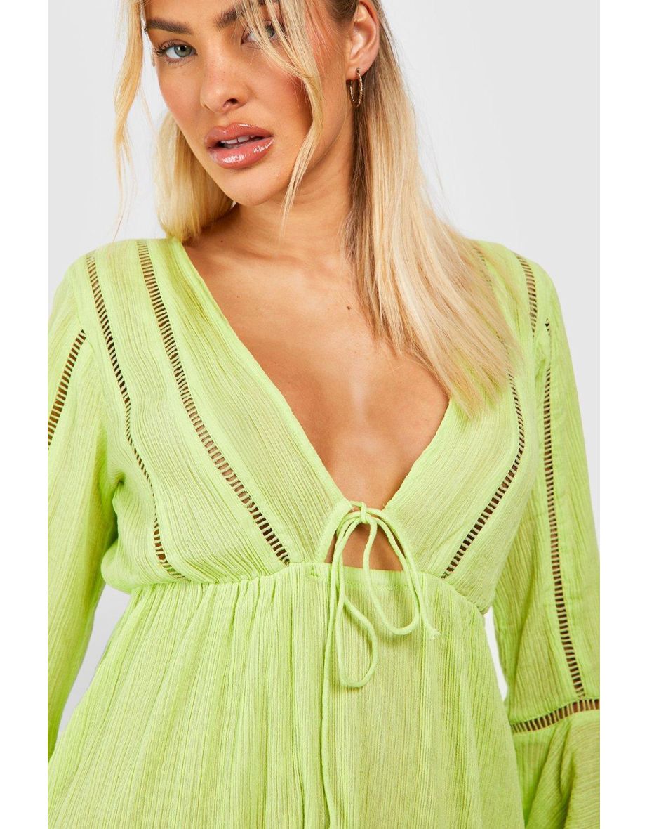 Tie Detail Frill Sleeve Beach Maxi Dress - washed lime - 3