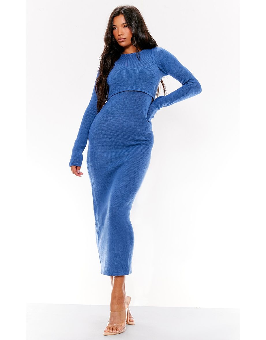 Midnight Blue Open Back Contrast Bralette Knit Midaxi Dress