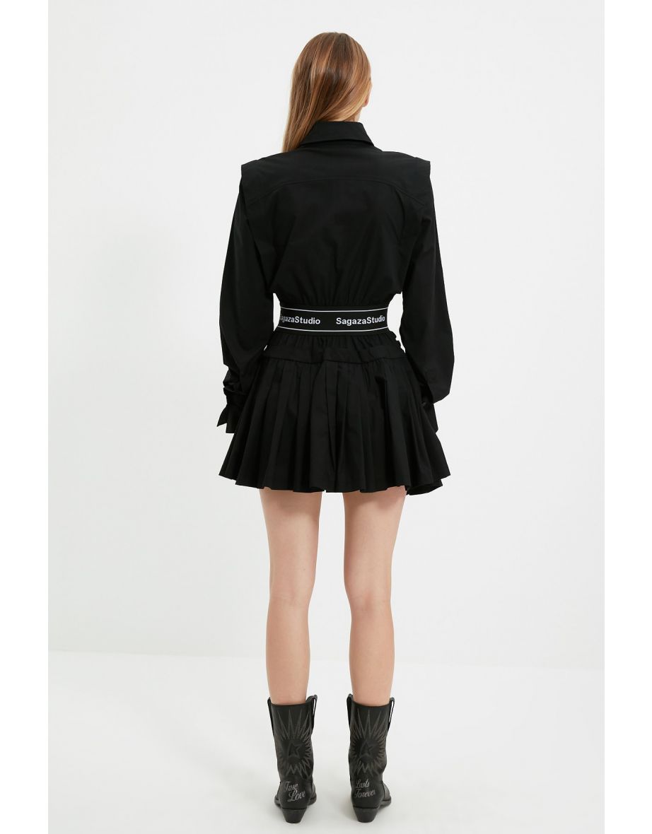 Black A-Line Mini Skater Dress with Long Sleeve - 5