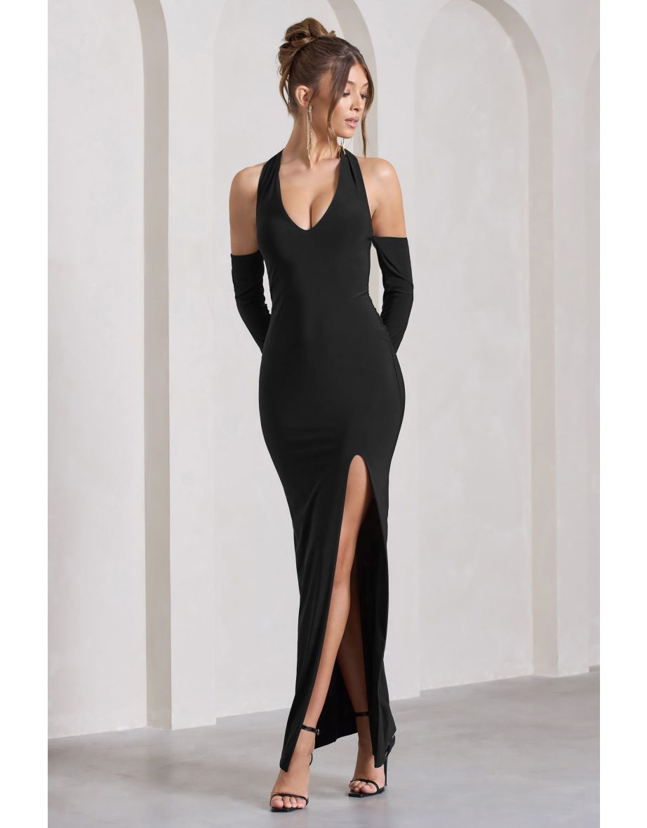 Solana | Black Halter-Neck Long-Sleeve Split Maxi Dress - 4
