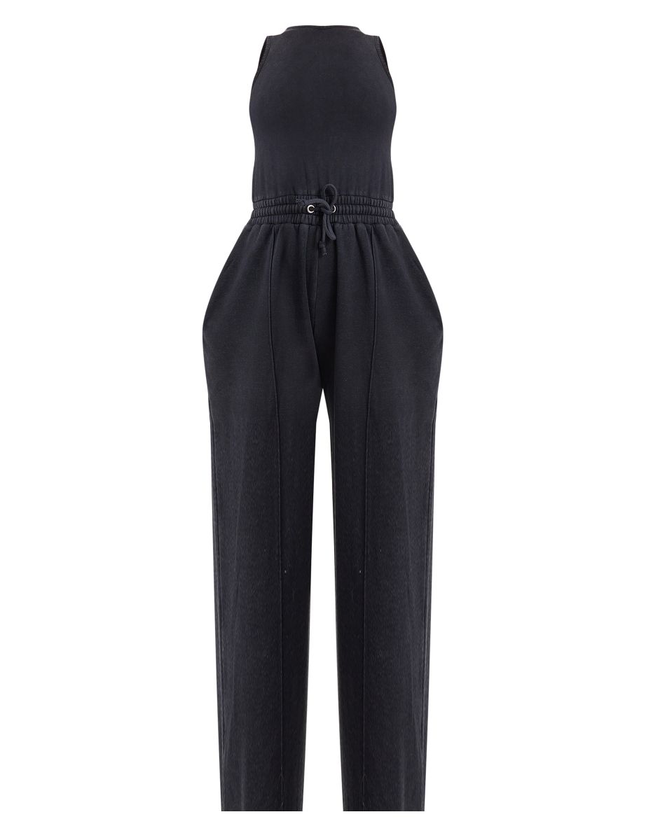 Washed Black Scoop Neck Sweat Wide Leg Jumpsuit - 4