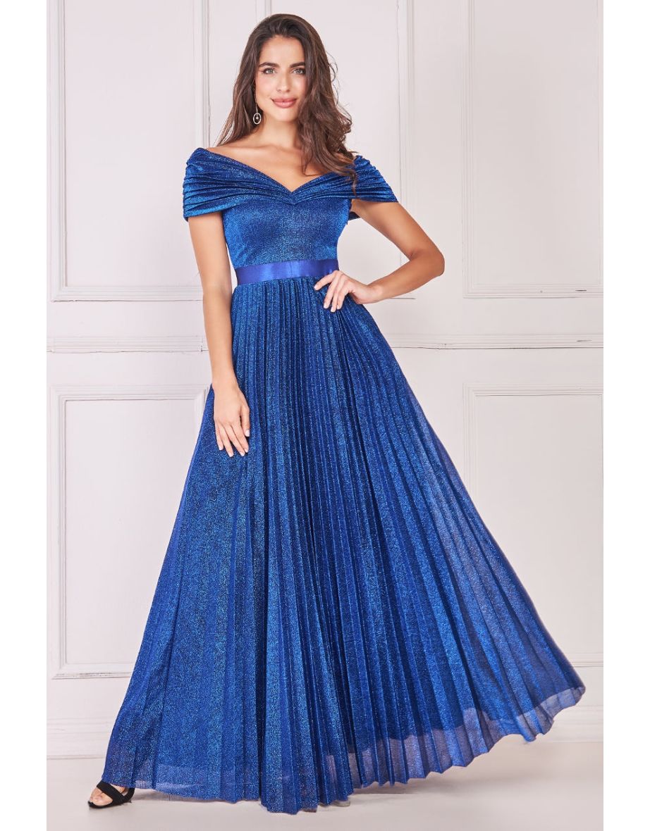 Goddiva bardot 2024 pleat maxi dress