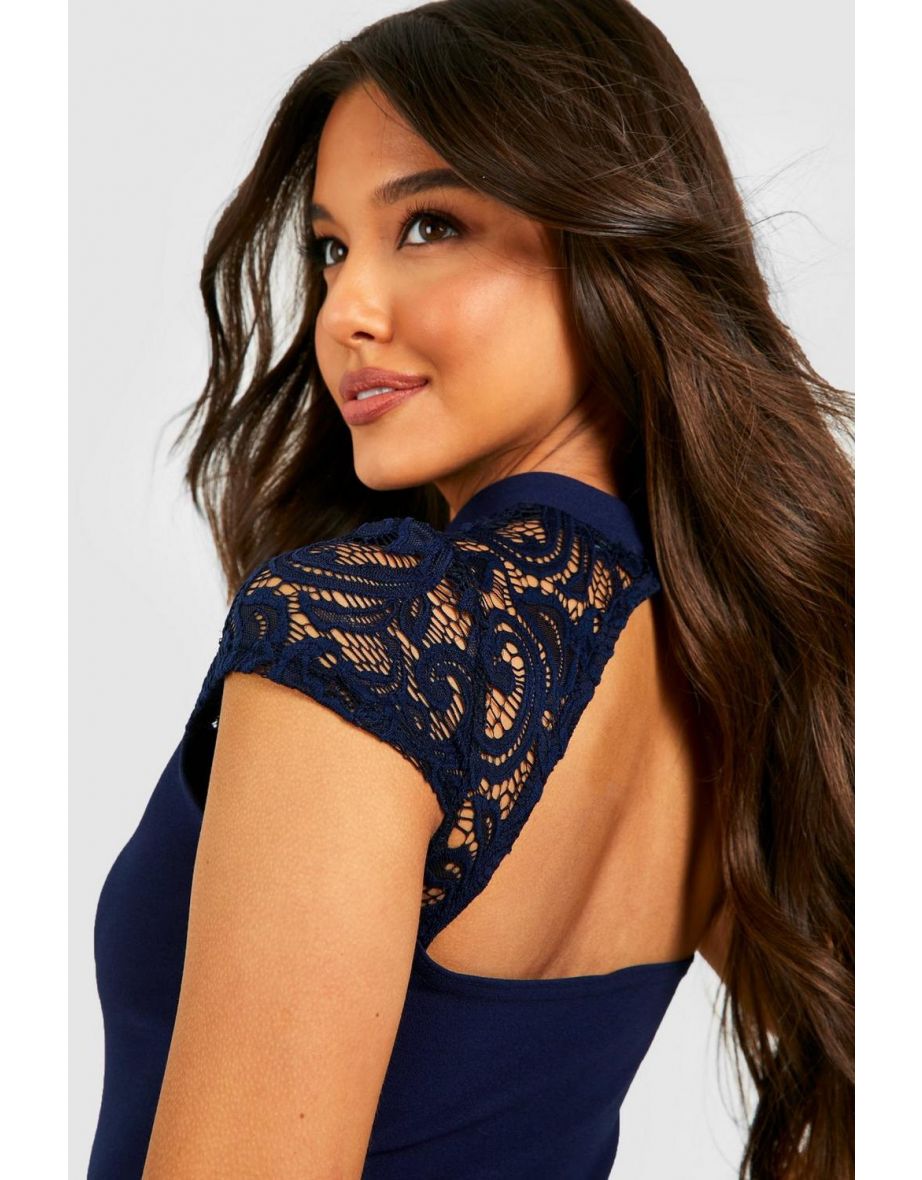 Lace High Neck Skater Dress - navy - 3
