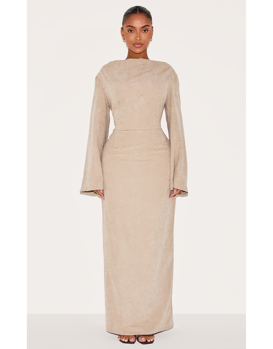 Shape Stone Peach Skin Boat Neck Flare Sleeve Fishtail Maxi Dress